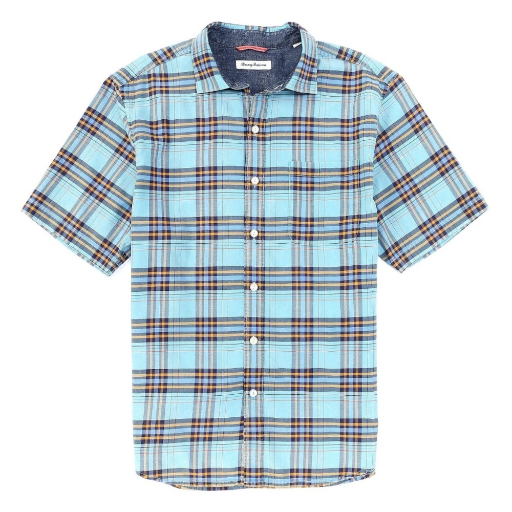 Tommy Bahama short sleeve button down plaid Bondi Beach Camp Shirt Blue